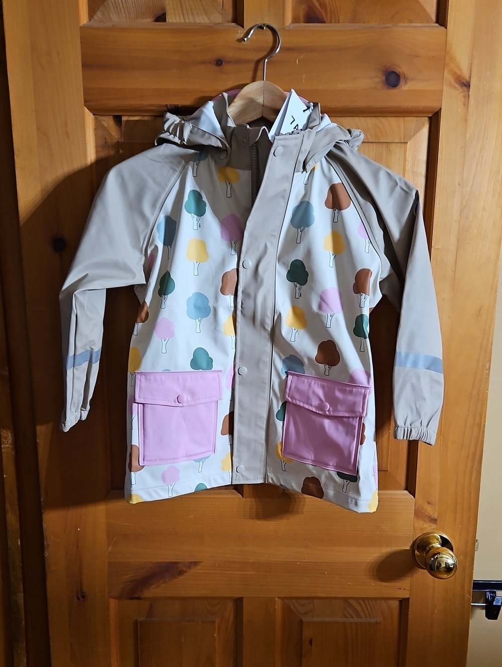 Kids Beige Raincoat with Multicolor Tree Print and Pink Pockets